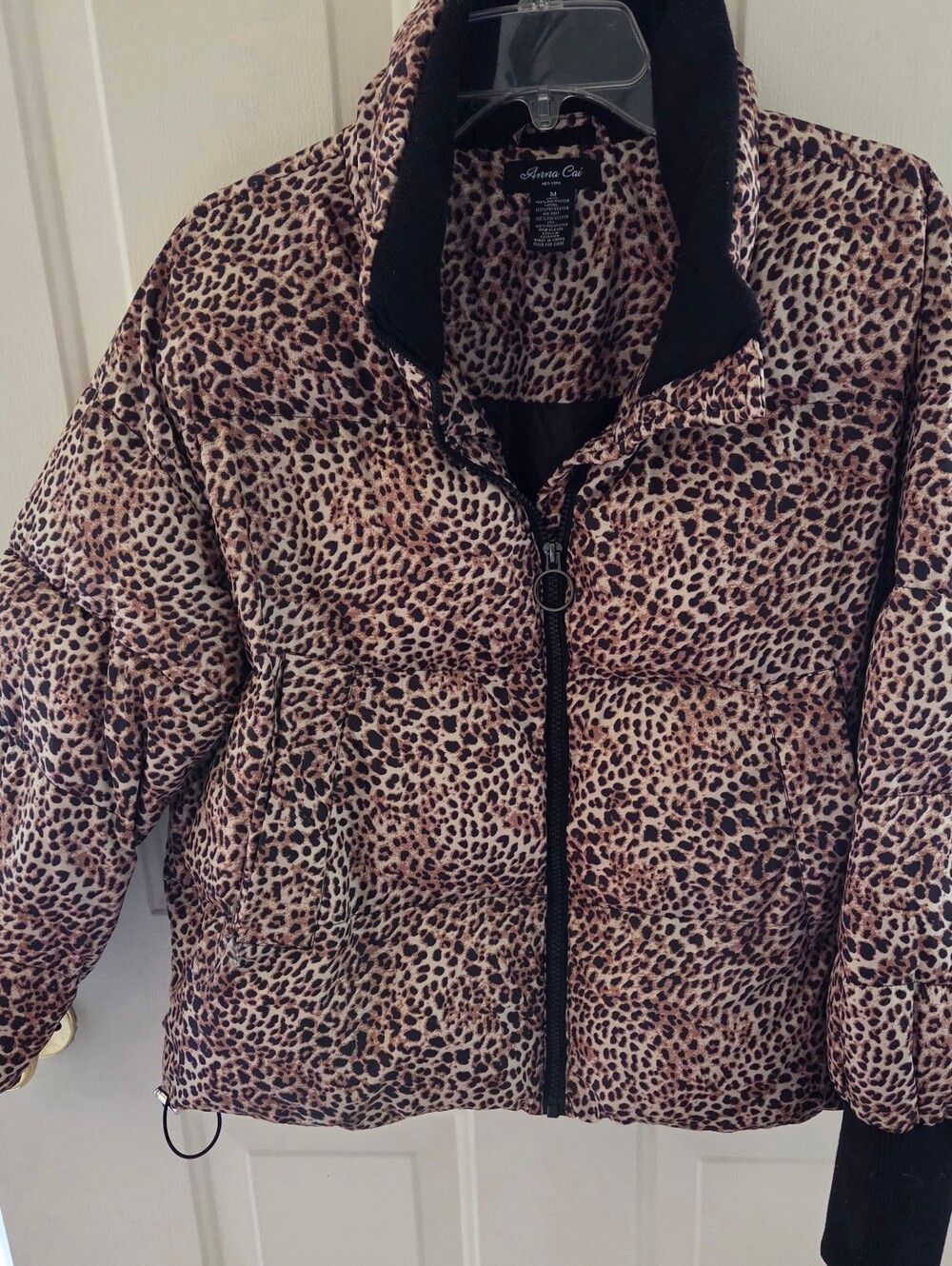Anna Cai Leopard Print, Cropped Puffer Jacket, Size M